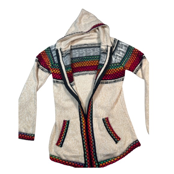 Womens Cream Alpaca Blend Colorful Knit Hooded Cardigan Sweater‎ Llama Pattern - Picture 2 of 7